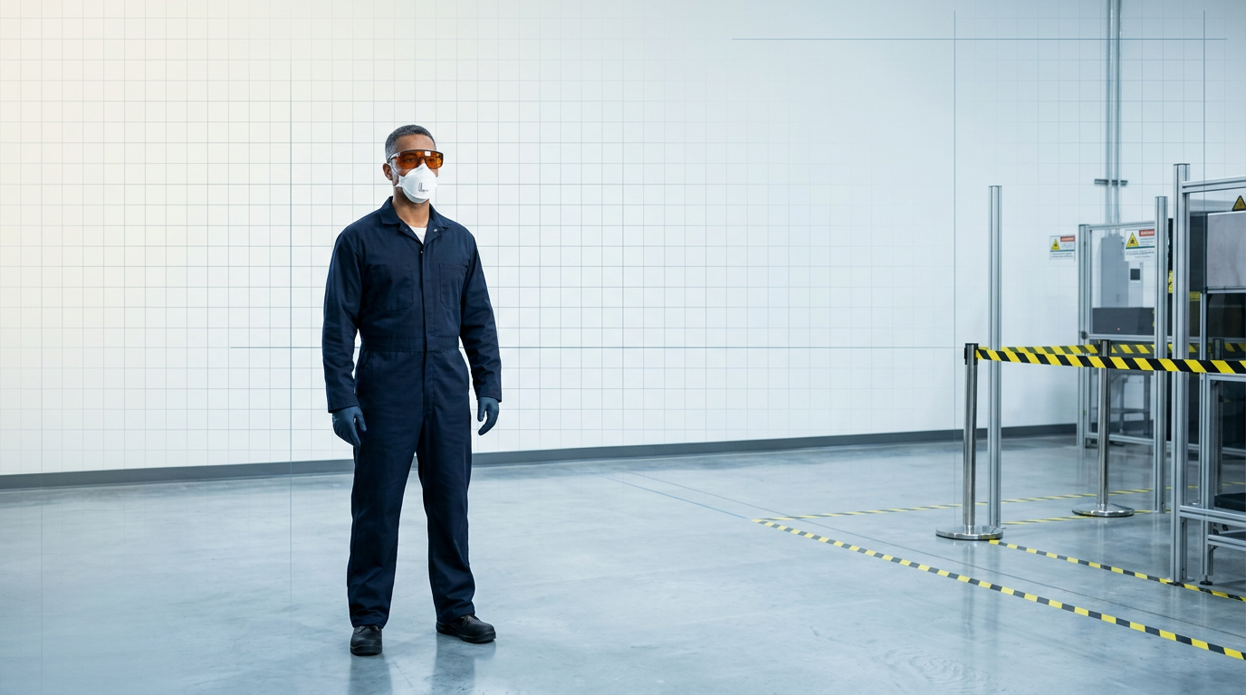 Laser operator in full PPE standing in marked industrial controlled area with yellow and black warning barriers, wearing navy coveralls, orange laser safety eyewear, and respiratory protection mask.