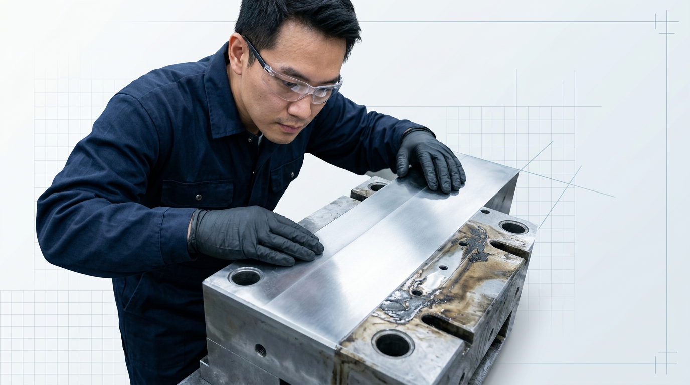 Gloved operator in safety glasses closely inspecting a laser-cleaned metal surface under bright lighting, with pristine bare substrate visible against untreated contaminated area.
