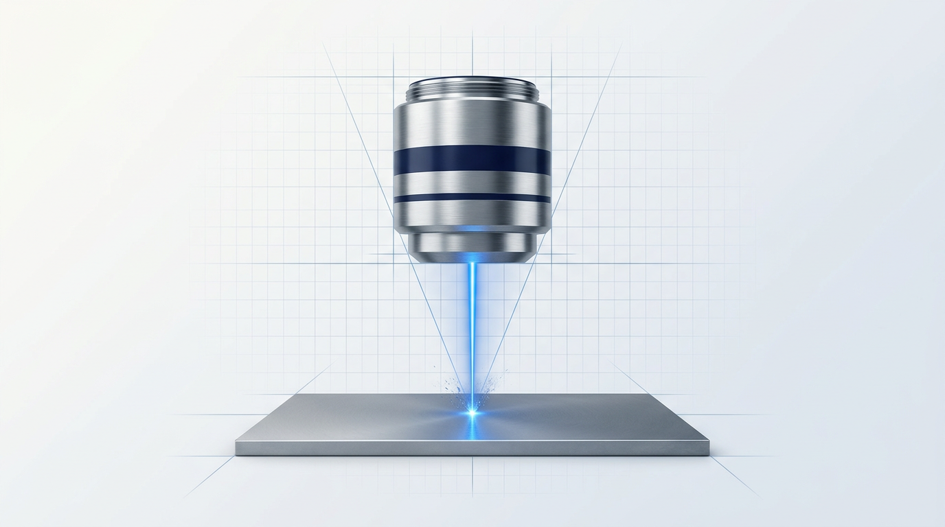 Precision optical setup showing a cylindrical focusing lens mounted above a metal workpiece with a converging electric blue laser beam reaching its smallest focal point at the surface.