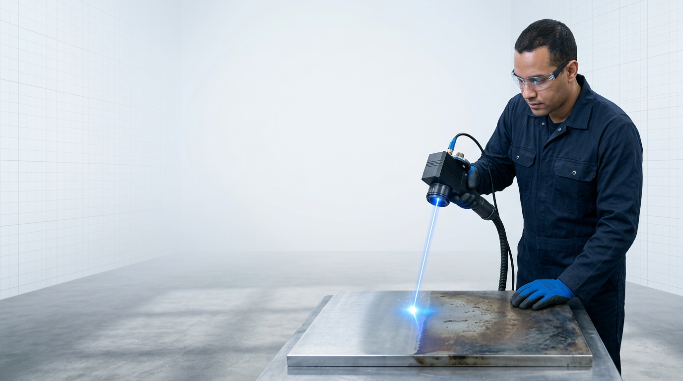 Engineer in navy coveralls holds laser scanner above stainless steel workpiece, demonstrating correct standoff distance and systematic ablation technique with visible electric blue laser contact point and cleaned surface transition.
