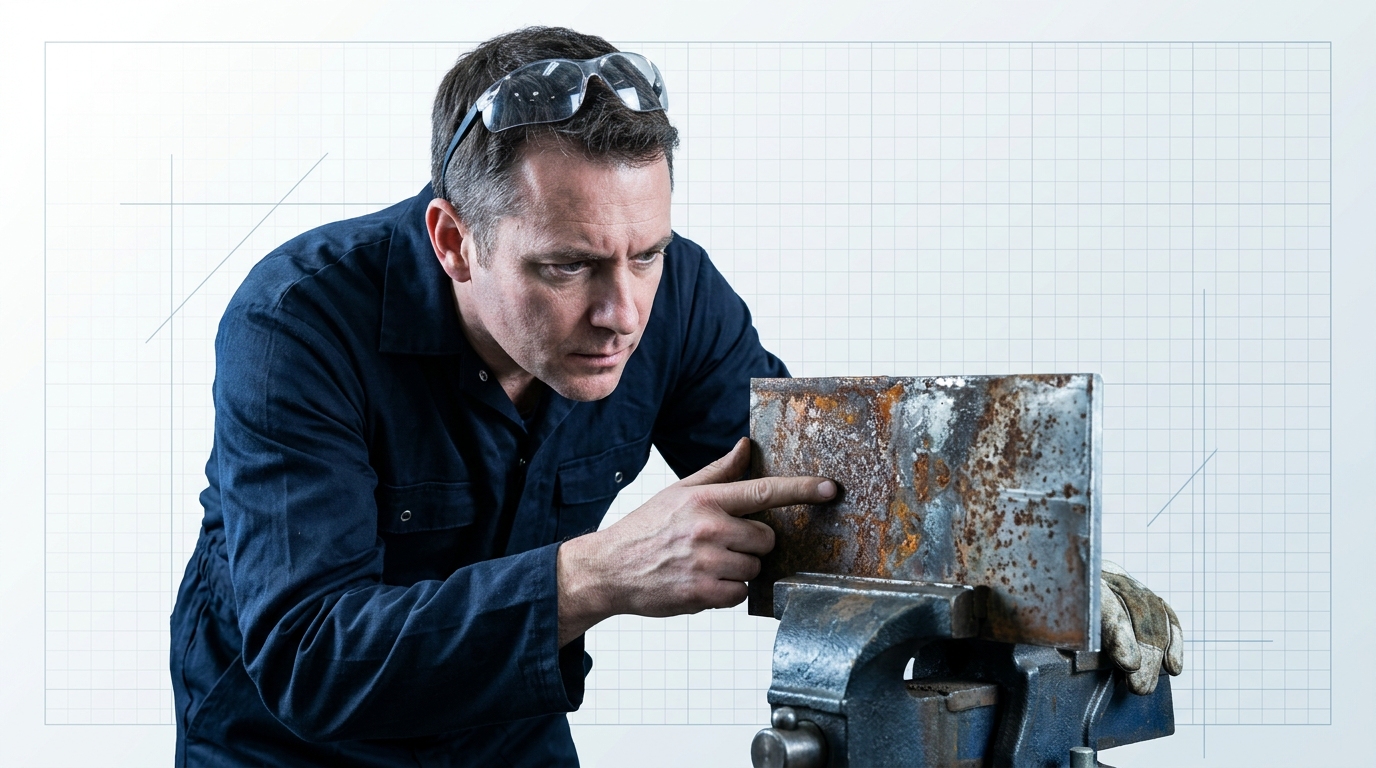 Technician in dark coveralls leaning over a structural steel workpiece clamped in a vice, closely inspecting corroded and oxidized metal surface before laser ablation preparation.