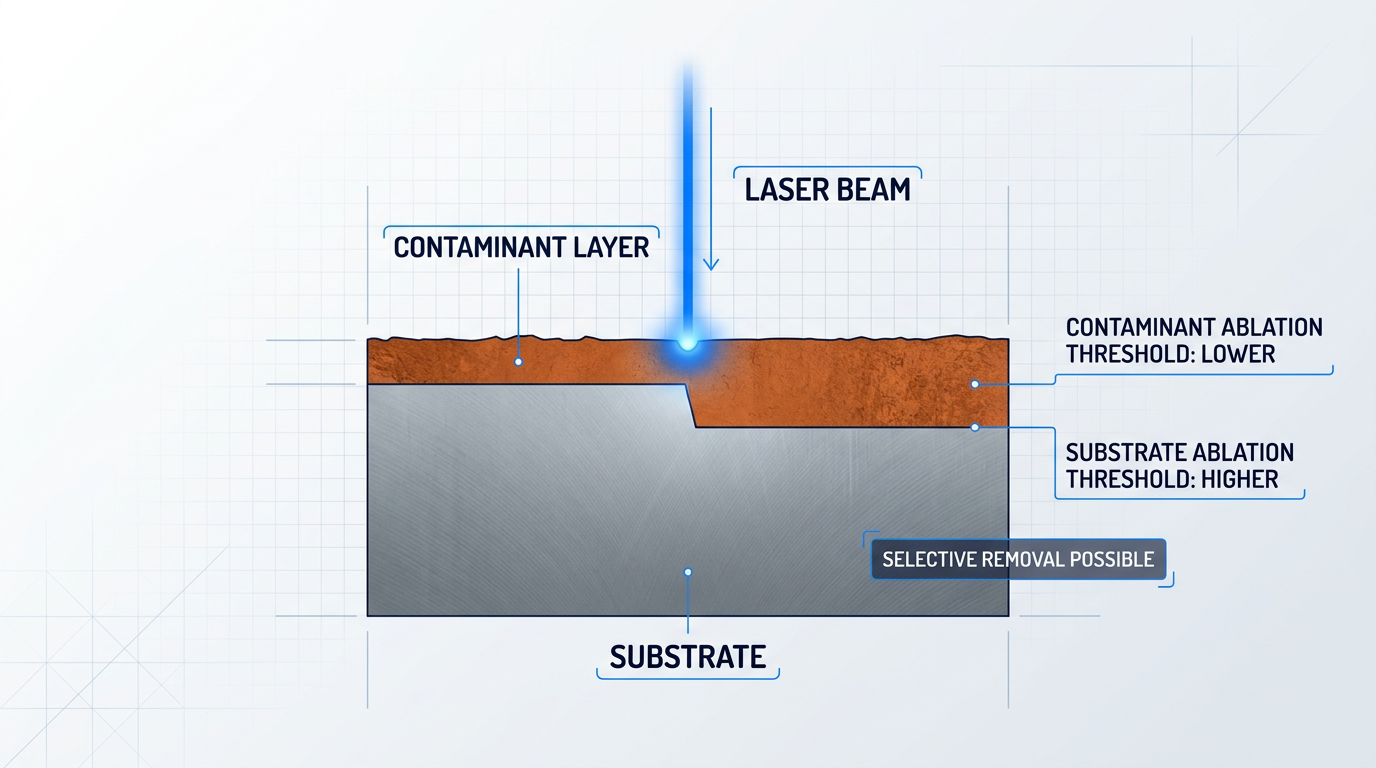 Cross-section diagram showing contaminant layer on steel substrate with laser beam removing only the contaminant while substrate remains intact, labeled with ablation threshold values for each material.