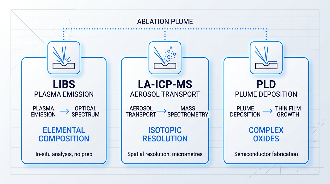 Three-column process flow diagram distinguishing LIBS, LA-ICP-MS, and PLD laser ablation applications. Each column shows how the ablation plume is used: LIBS converts it to optical emission for elemental analysis, LA-ICP-MS transports it as aerosol for mass spectrometry, PLD directs it for thin-film deposition. Connected by shared ablation event line at top.