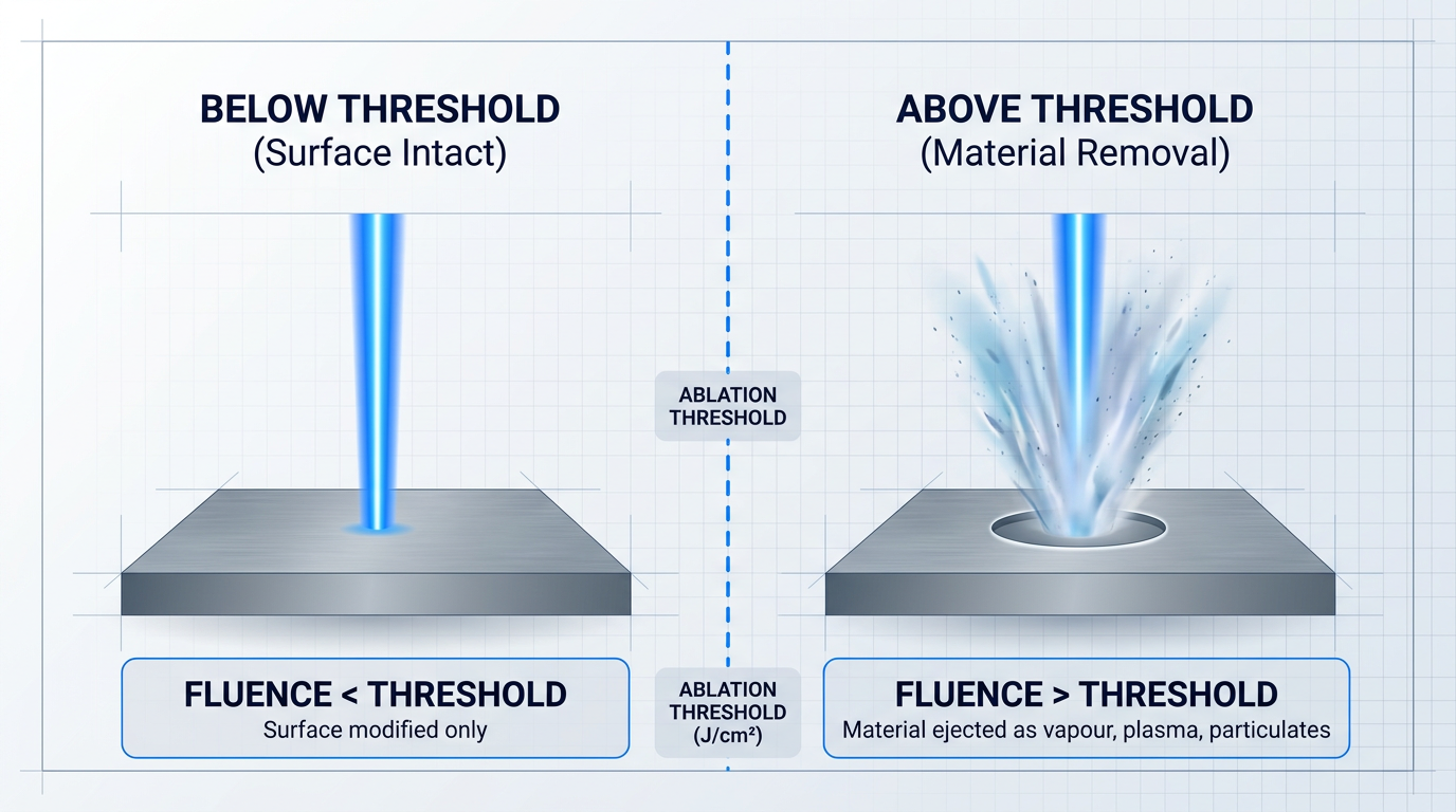 Three-zone laser ablation comparison: left zone shows focused laser beam on intact surface below threshold; center shows ablation threshold boundary line; right zone shows laser beam ejecting material plume above threshold.
