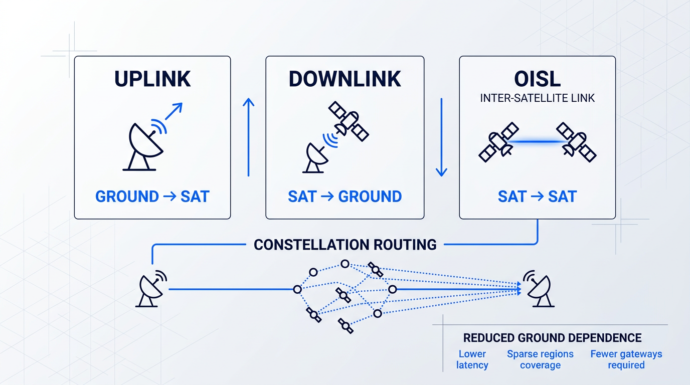 Flow diagram of three satellite laser link types: uplink (ground to satellite), downlink (satellite to ground), and inter-satellite optical links (OISL), with constellation routing showing multiple data paths through satellites to reduce ground-station dependence.