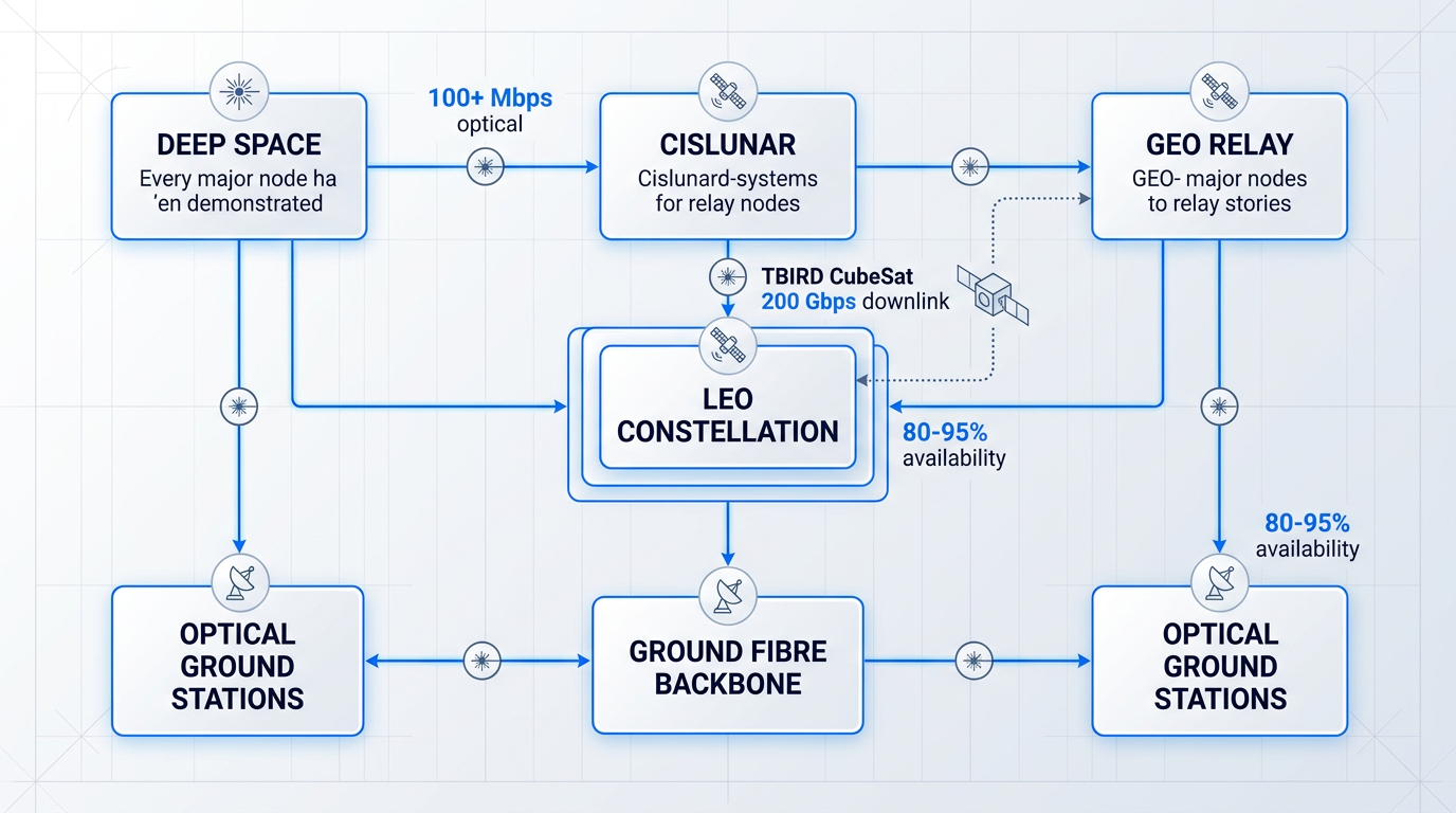 Layered optical network architecture diagram with five interconnected nodes: deep-space, cislunar, GEO relay, LEO constellation, and ground fibre backbone, connected by laser links showing data rates and system-level availability metrics.