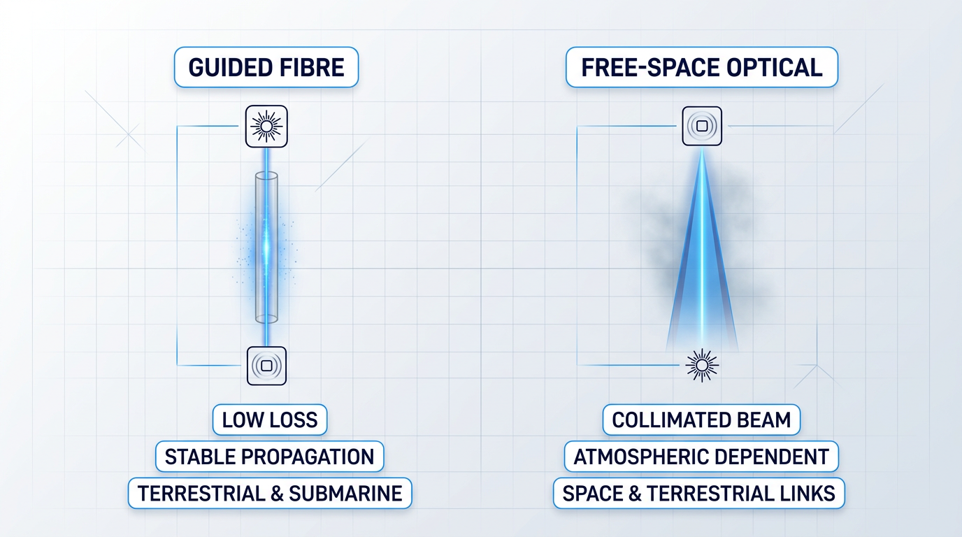 Side-by-side comparison of guided fibre and free-space optical laser communication pathways, each showing laser source, propagation medium, and receiver with key properties labeled.