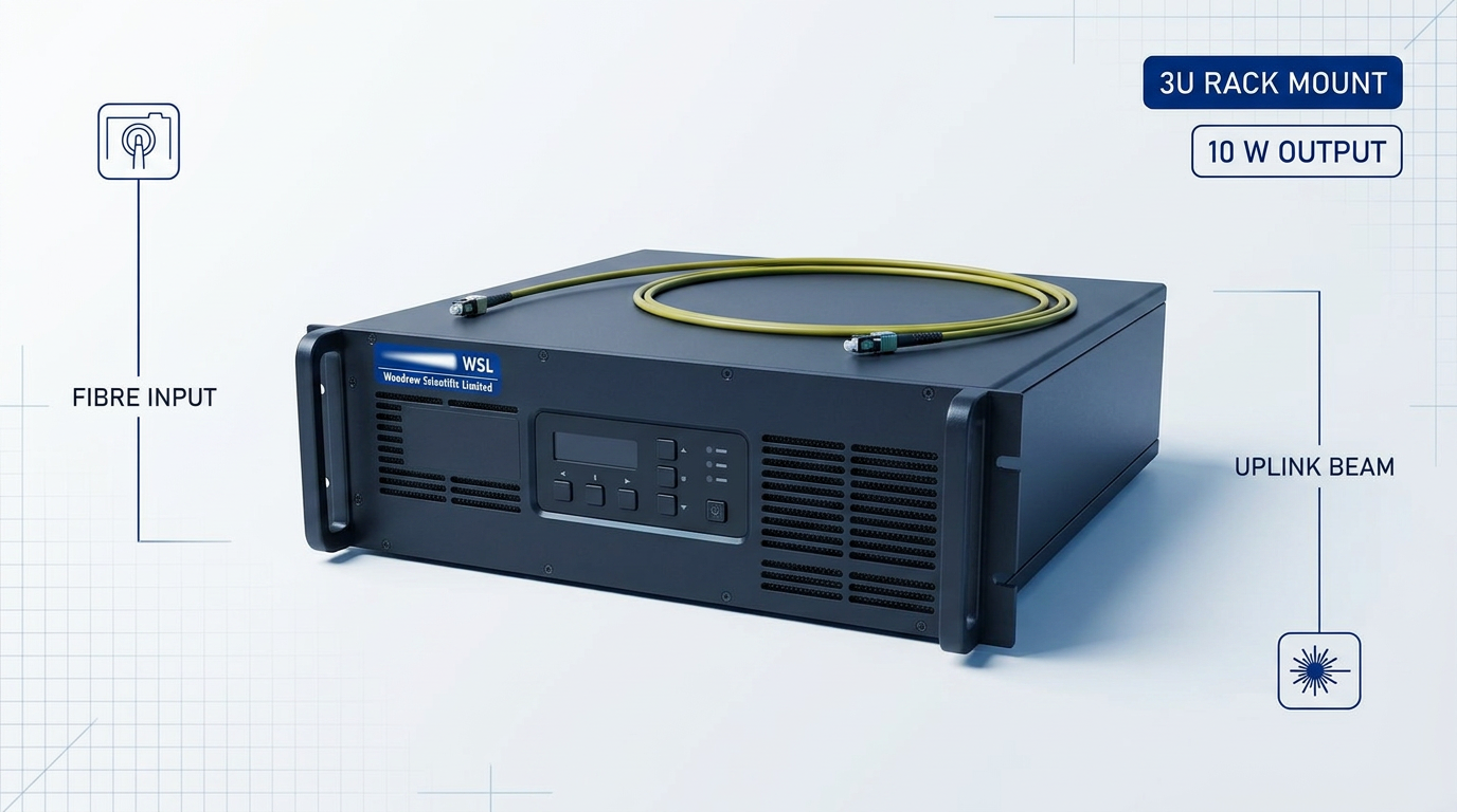 Woodrow Scientific 3U rack-mounted EDFA amplifier with dark charcoal enclosure, blue logo, fibre connectors, and technical annotations showing 10W output and uplink beam configuration.