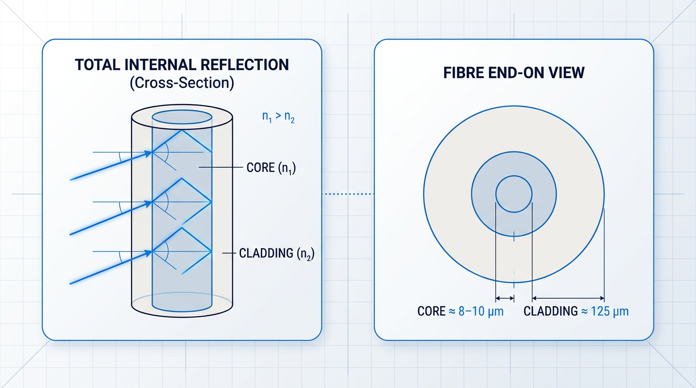 Two-panel technical diagram: left panel shows cross-section of optical fibre with light rays bouncing at core-cladding boundary at shallow angles, labelled with core refractive index n₁ greater than cladding n₂; right panel shows end-on circular view with core diameter 8–10 µm and cladding diameter 125 µm.