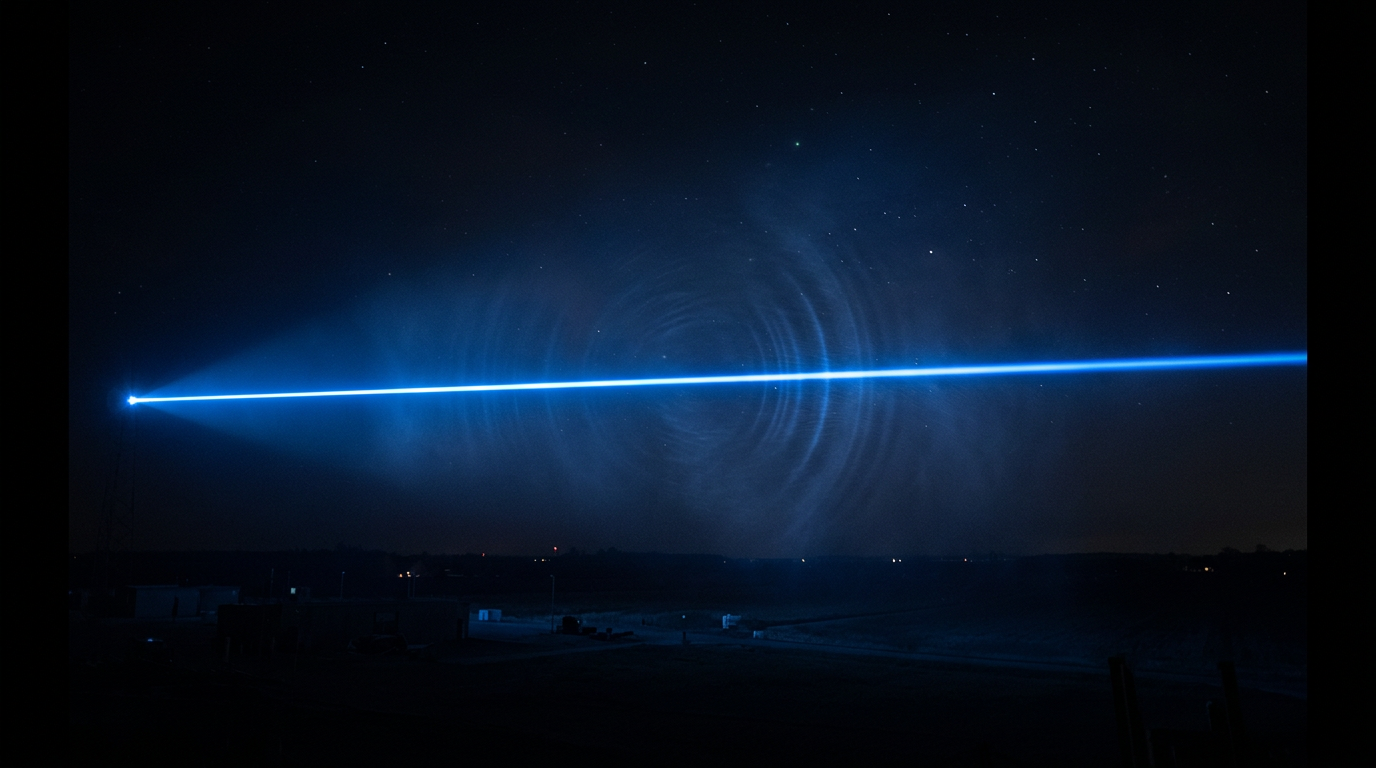 Focused electric blue laser beam traveling horizontally across dark space with atmospheric light-scattering effects and volumetric glow, representing free-space optical communication.
