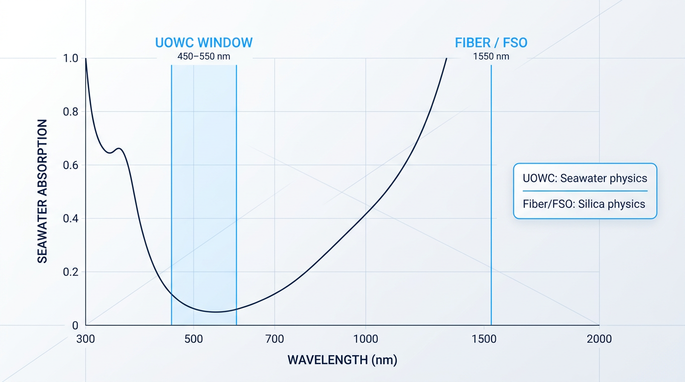 Technical wavelength absorption diagram showing seawater optical absorption curve with UOWC transmission window highlighted at 450–550 nm and fiber/FSO operating wavelength marked at 1550 nm, demonstrating the fundamental wavelength regime difference between underwater and terrestrial optical communications.
