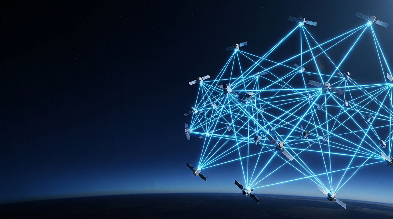 Deep space backdrop with electric blue laser beams forming a network between satellites in low Earth orbit, conveying operational laser-based communication infrastructure.
