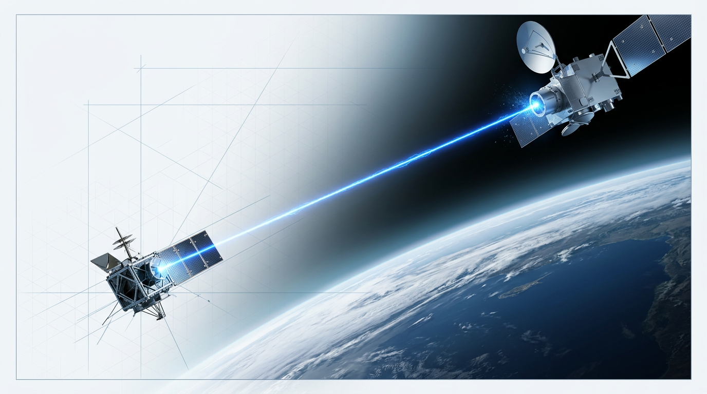 LEO satellite transmitting electric blue laser beam upward to GEO satellite positioned at higher altitude, with Earth's curved horizon and cloud layer visible below against dark space background.