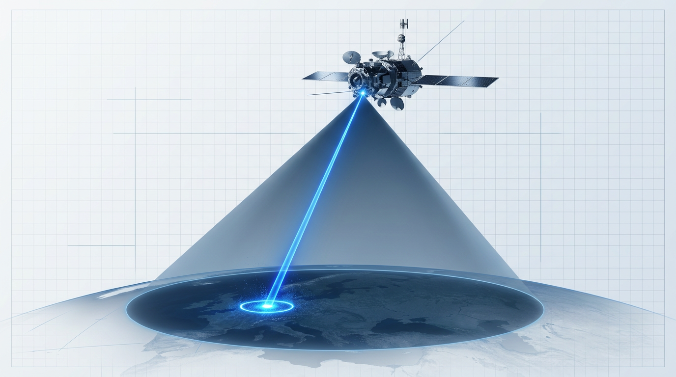 Satellite in orbital position with narrow electric blue laser beam illuminating a 6 km surface footprint below, contrasted against a much broader diffuse RF beam covering 6,400 km across Earth's surface.