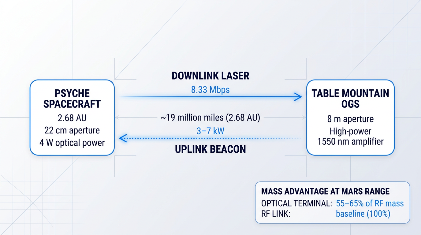 Deep-space optical link geometry diagram showing Psyche spacecraft at 2.68 AU transmitting downlink laser beam (8.33 Mbps) to Table Mountain ground station, with uplink beacon (3–7 kW) returning from Earth. Inset compares optical terminal mass at 55–65% of RF baseline.