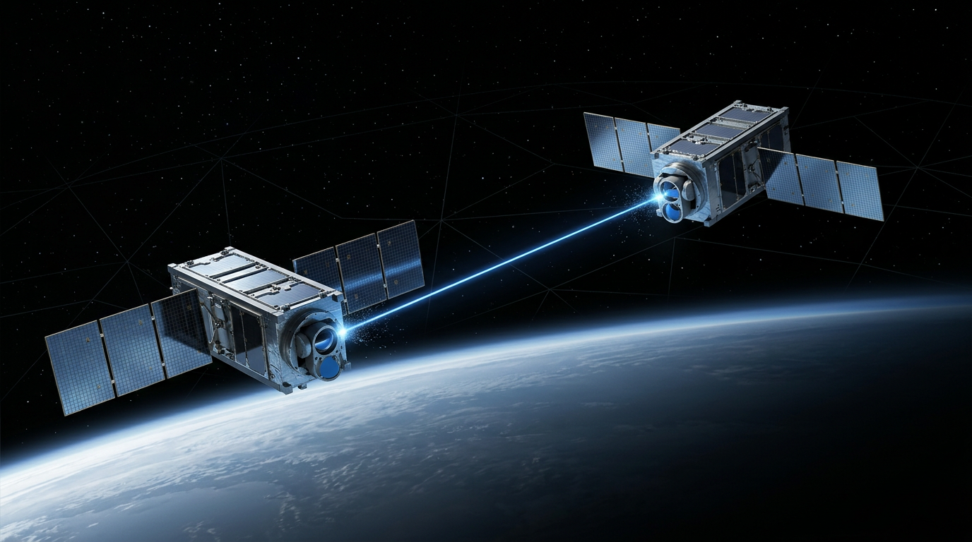 Two satellites in LEO orbit with optical laser link beam connecting them across 1,000 km, Earth's horizon and star field visible below, demonstrating vacuum-based inter-satellite laser communications.
