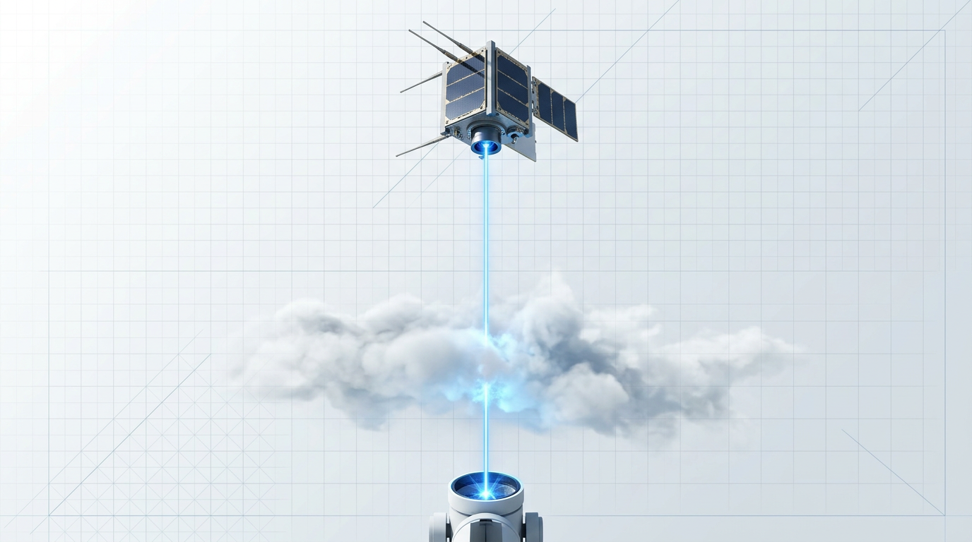 CubeSat in orbit transmitting electric blue laser beam downward through partially opaque cloud layer toward ground telescope station below.