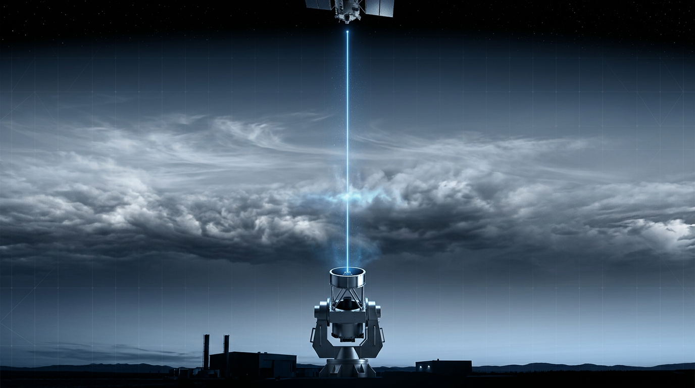 Vertical atmospheric cross-section from ground station to space showing layered clouds, turbulent air, and a blue laser beam traveling upward through cloud formations to a satellite receiver at the upper edge.