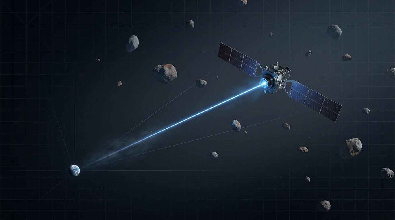 Psyche spacecraft in deep space transmitting a narrow electric blue laser beam across 19 million miles toward distant Earth, with the asteroid belt scattered throughout the dark void.
