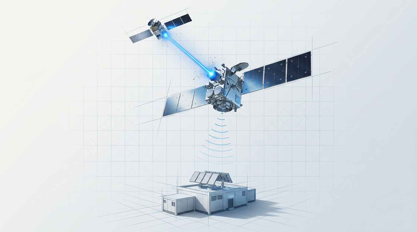 Three-tier space architecture showing LEO satellite at top transmitting electric blue laser beam to GEO relay satellite in middle, which transmits RF signal downward to ground station facility on Earth below.