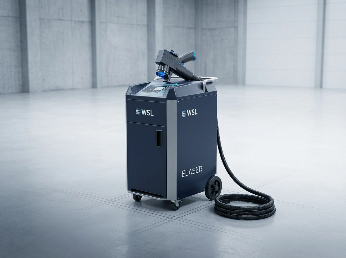 ELASER laser cleaning system: wheeled compact unit in dark navy and steel with handheld scanner resting on top, coiled delivery cable beside it on polished concrete floor in bright industrial workshop.