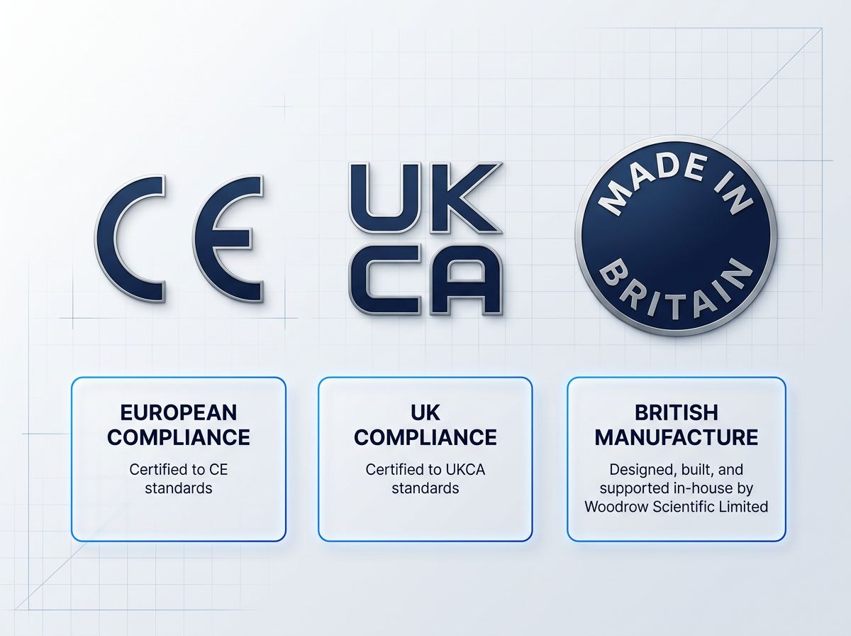 Three certification symbols—CE mark, UKCA mark, and Made in Britain circular seal—arranged horizontally with informational containers below each, on a light technical background.