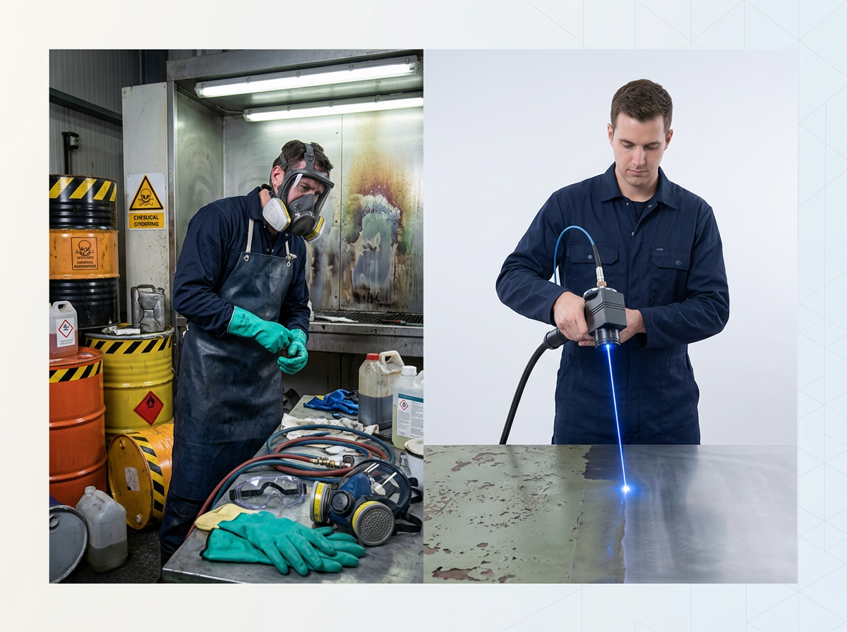 Split-screen industrial workspace: left side shows cluttered chemical stripping area with hazmat drums, PPE, and a technician in respirator; right side shows clean laser paint removal operation with focused electric blue beam on metal surface and unencumbered operator.