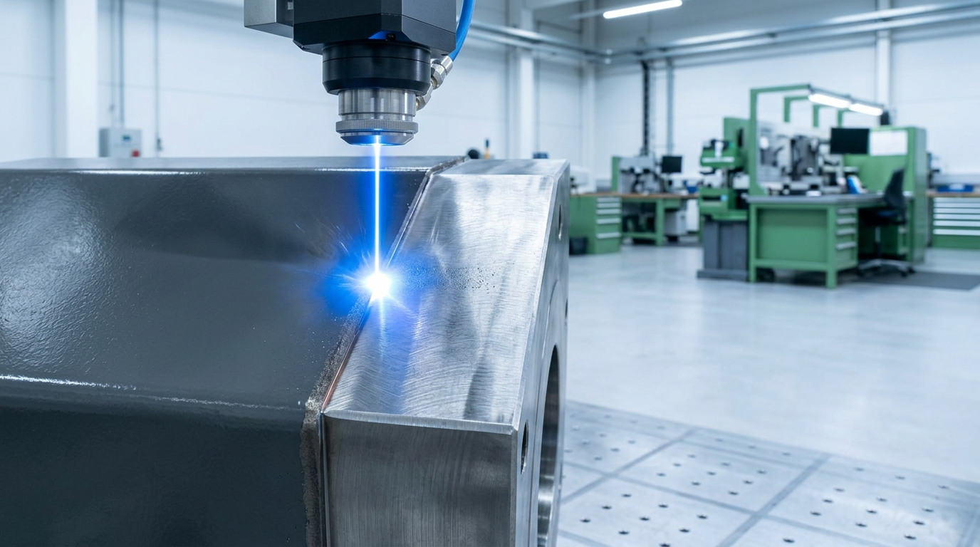 Close-up of laser ablation on steel surface, electric blue laser beam at dividing line between clean bare metal on one side and intact grey paint coating on the other, industrial workshop setting with bright directional lighting