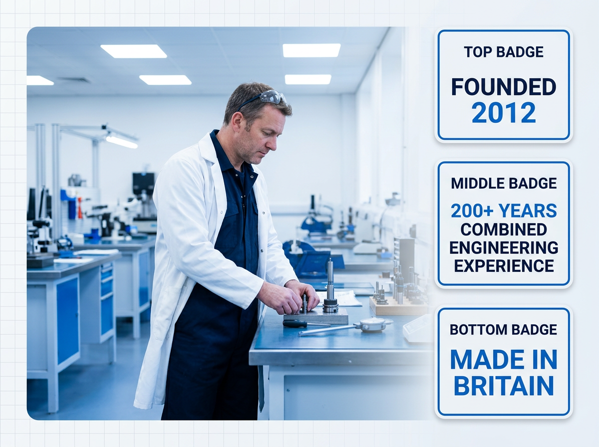 British engineer in navy coveralls and white lab coat at precision workbench in bright workshop, with three credential badges on right: Founded 2012, 200+ Years Combined Engineering Experience, Made in Britain.