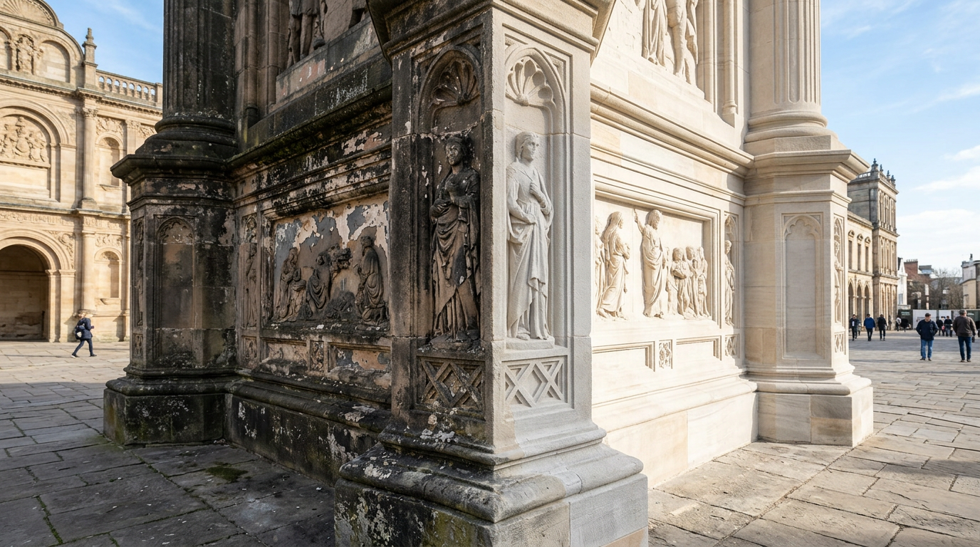 Historic stone monument facade in daylight with vertical division showing aged, darkened surface on left and pristine cleaned stone revealing original material on right, demonstrating laser paint removal restoration.