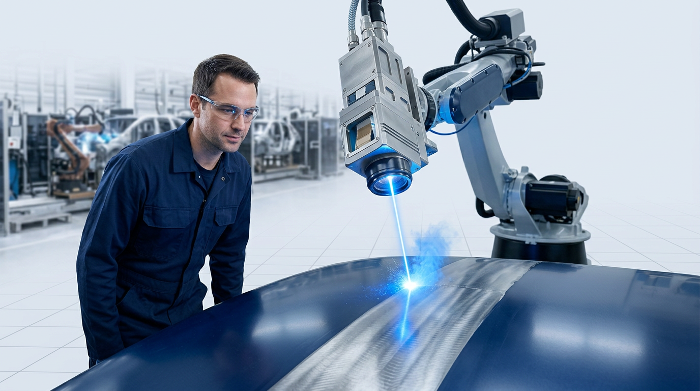 Laser cleaning head positioned close to automotive car body panel on production line, with bright electric blue laser beam creating a clean, paint-free metal strip ready for welding. Technician in dark coveralls observes the precise surface preparation.