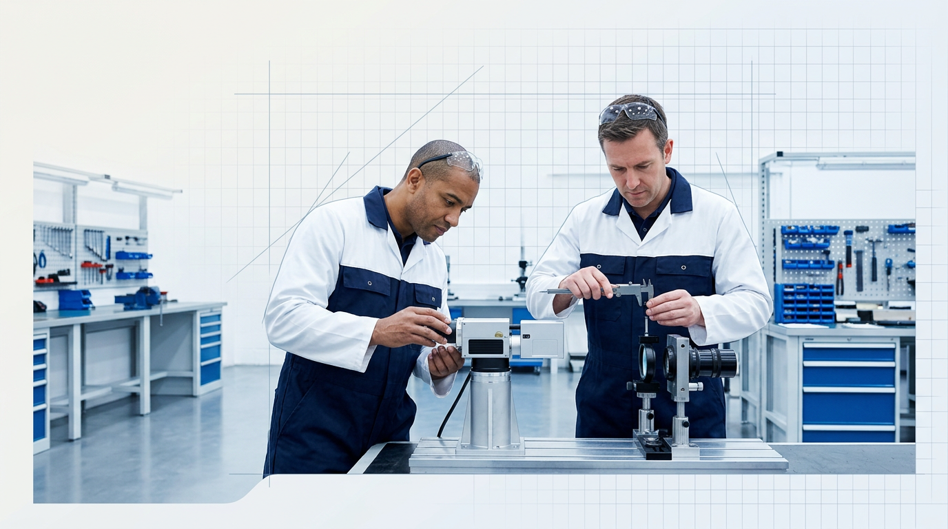 Two technicians in navy coveralls and lab coats assembling precision laser scanning components at a workbench in a bright industrial workshop, demonstrating in-house manufacturing expertise.