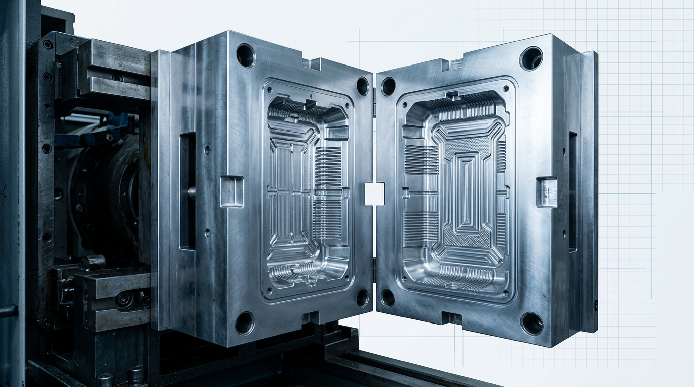 Open precision injection mould tool mounted on industrial machine, showing intricate cavity geometry with fine ribbing and undercuts under bright studio lighting.
