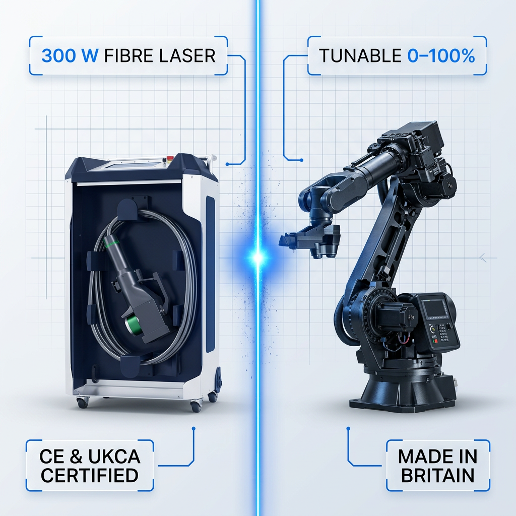 Split-view composition of ELASER portable unit on left and AutoLASE robotic arm on right, connected by glowing electric blue laser beam at center representing shared 300 W fibre laser core.