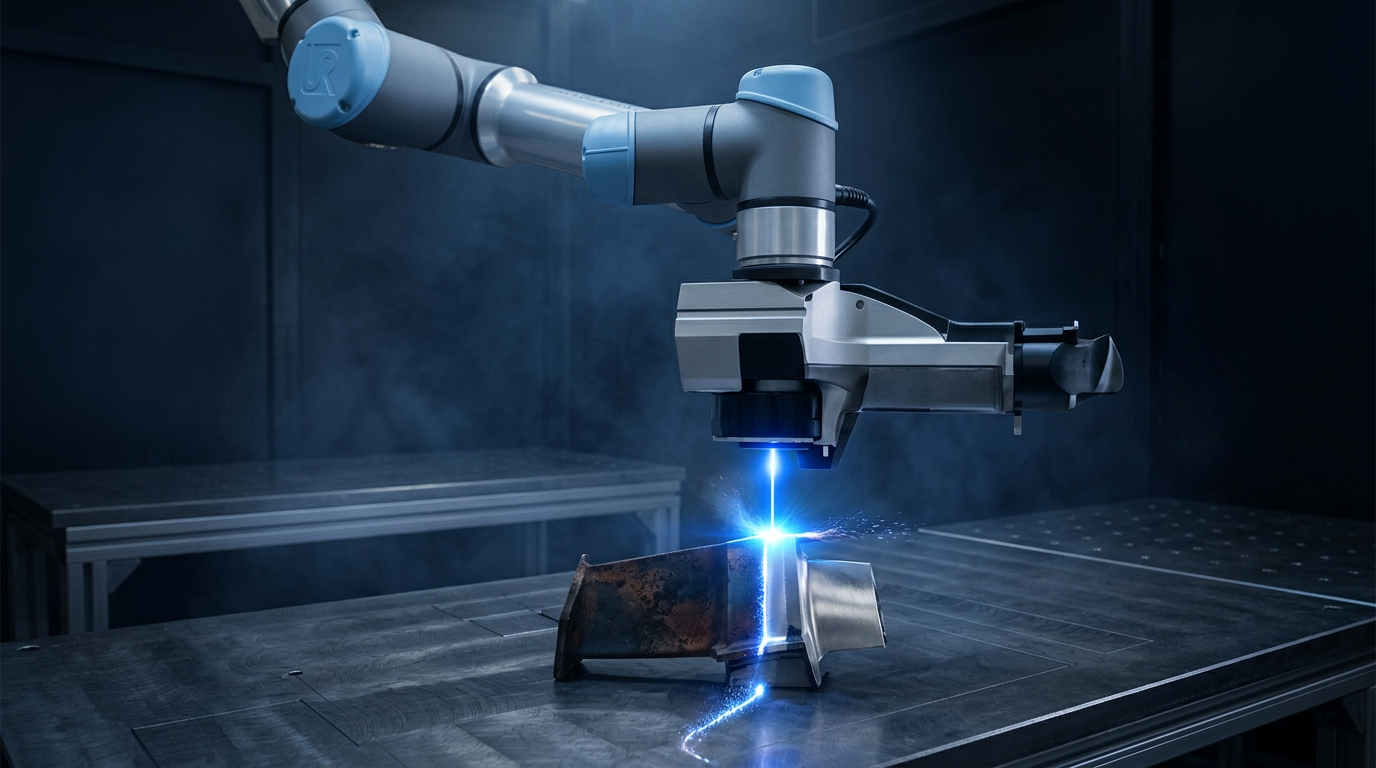 Dark industrial manufacturing environment with robotic laser arm in motion, directing electric blue laser beam onto a metal component on a workbench, showing clean and degraded surface contrast at the laser contact point.