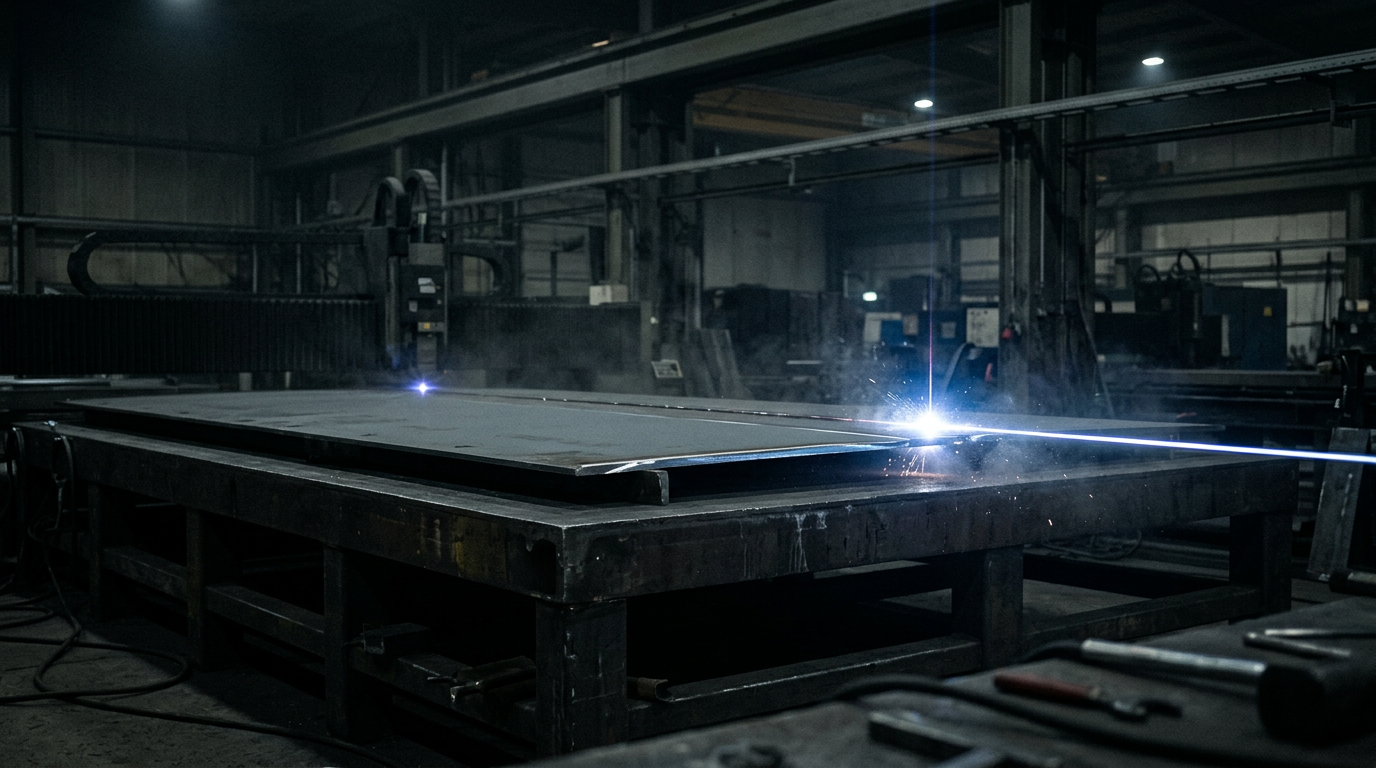 Industrial workshop with steel workbench and heavy machinery in background. A laser beam traces across a paint-coated steel panel, revealing bare metal beneath with intense blue-white light at the contact point. Vaporized coating disperses as fine mist around the beam path.