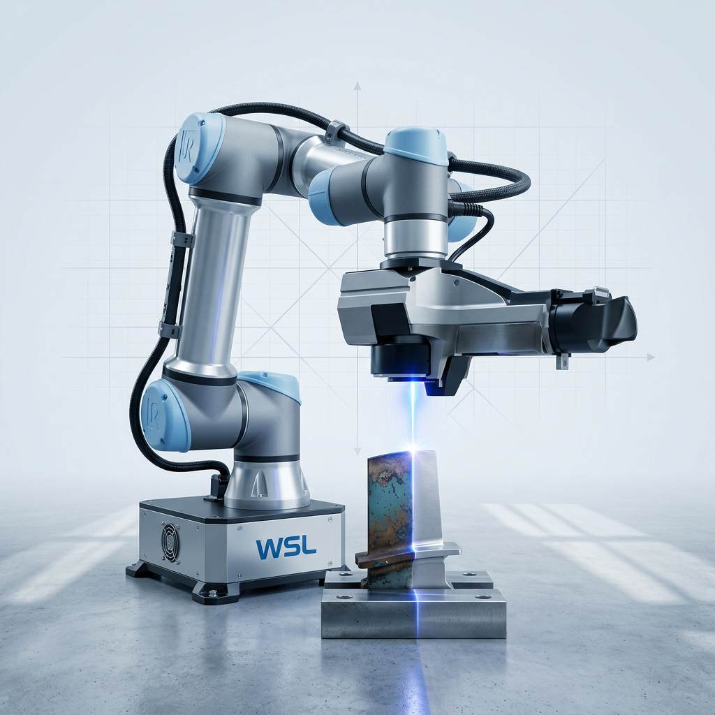 AutoLASE robotic arm with laser cleaning head positioned over industrial component on production floor, showing active laser contact point and before-and-after surface cleaning contrast.