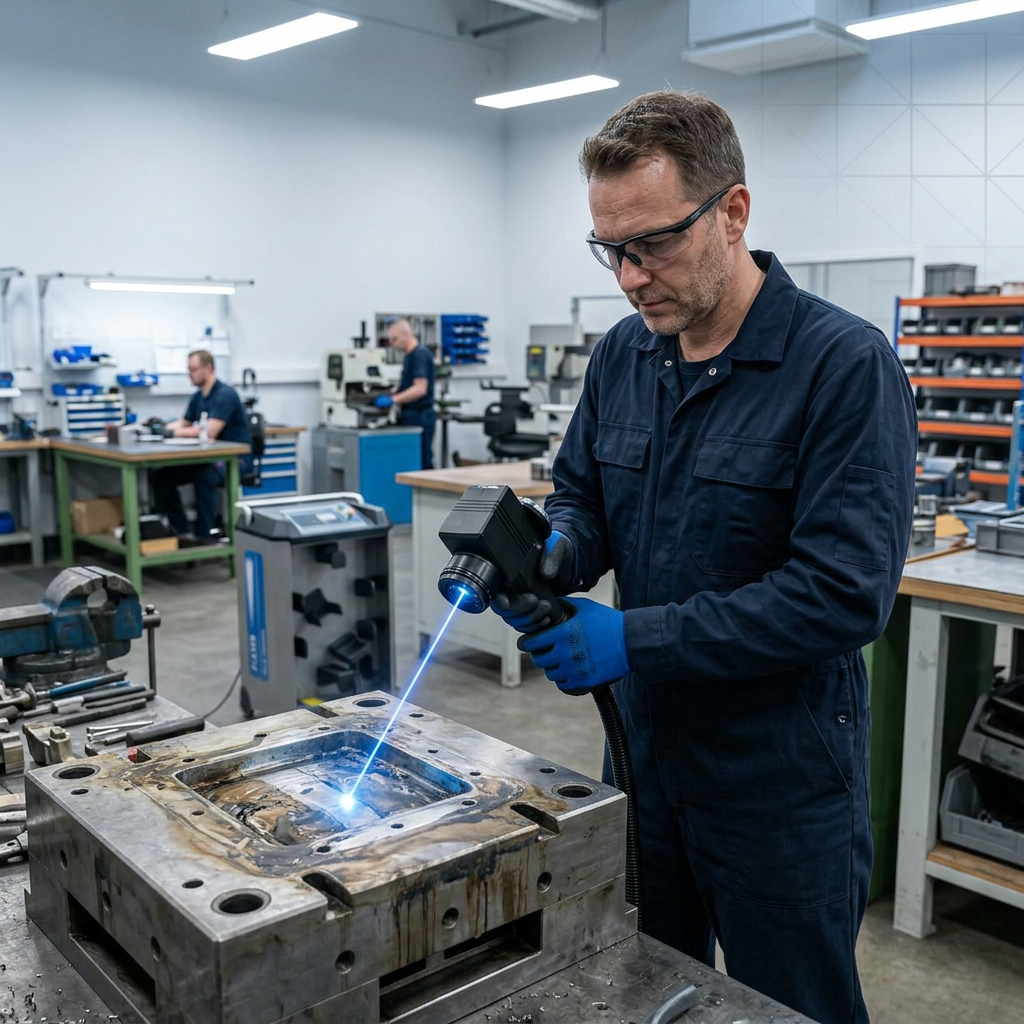 Engineer in dark coveralls operating ELASER-RHZ handheld laser scanner on metal component in active workshop, electric blue laser beam visible cleaning paint from surface, other workers and workstations visible in background without barriers.