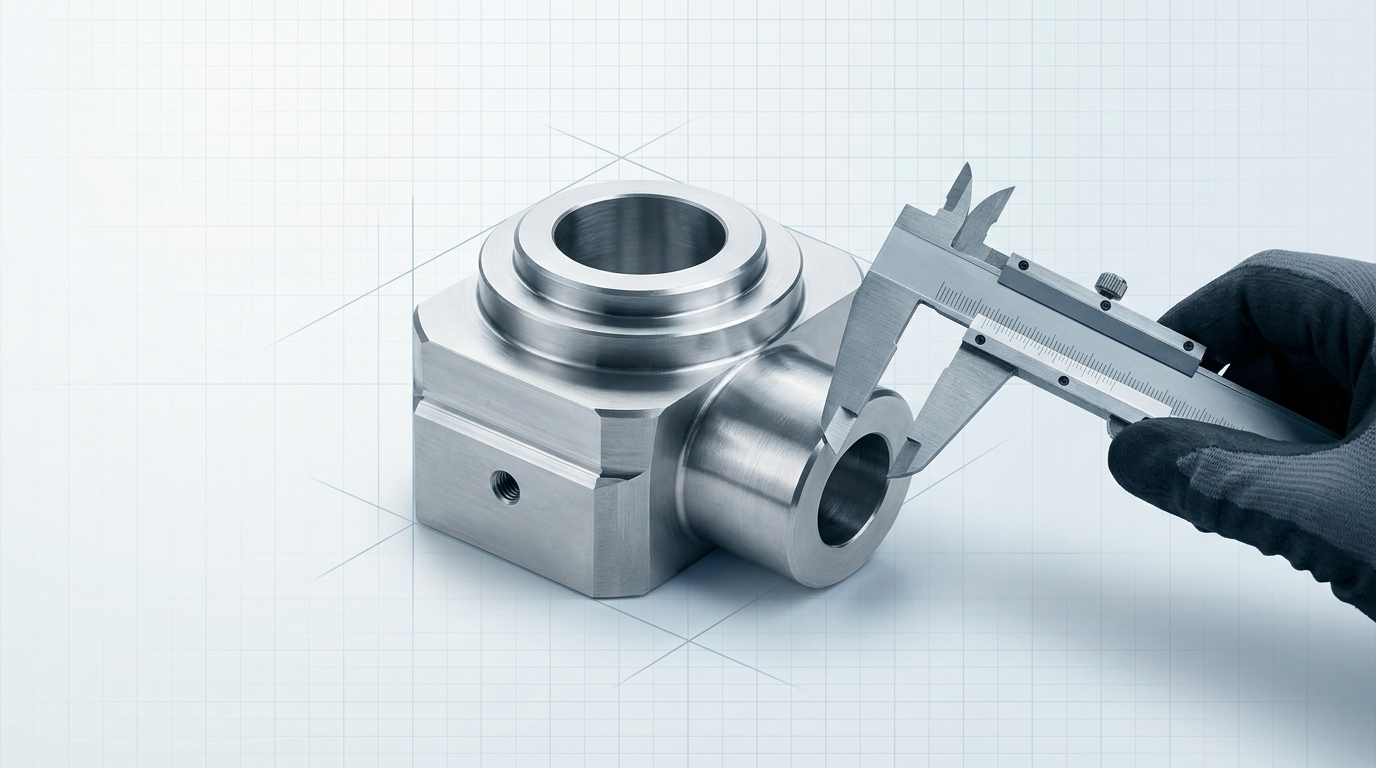 Pristine machined metal component with clean bare metal surface positioned next to a precision calliper being held by a gloved hand for measurement verification.