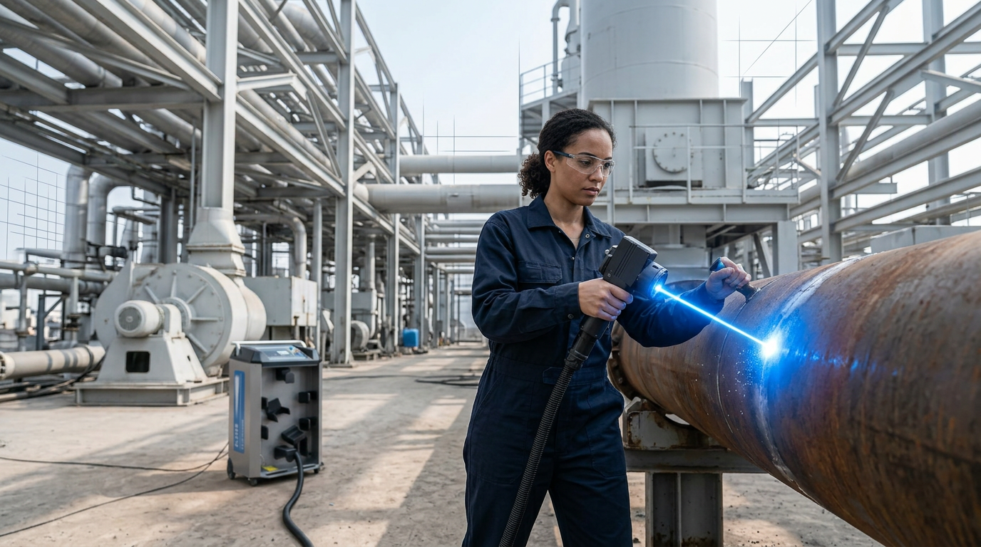 Operator in dark navy coveralls holding handheld laser scanner directed at industrial steel pipe, electric blue laser contact point visible at cleaning surface, outdoor site setting with structural steelwork in background.