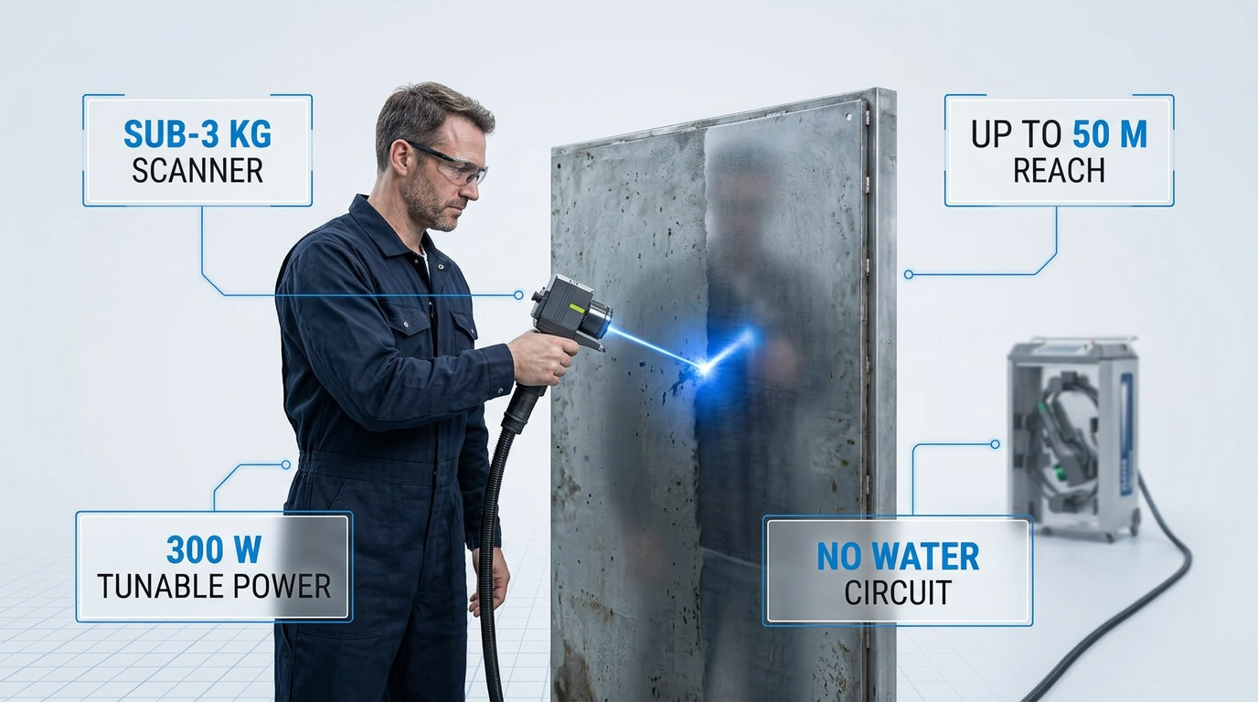 Operator in dark coveralls holding ELASER handheld laser scanner directed at large metal surface, paint being removed with electric blue laser contact point, wheeled unit visible in background, callout labels identifying scanner weight, cable reach, power output, and cooling system.
