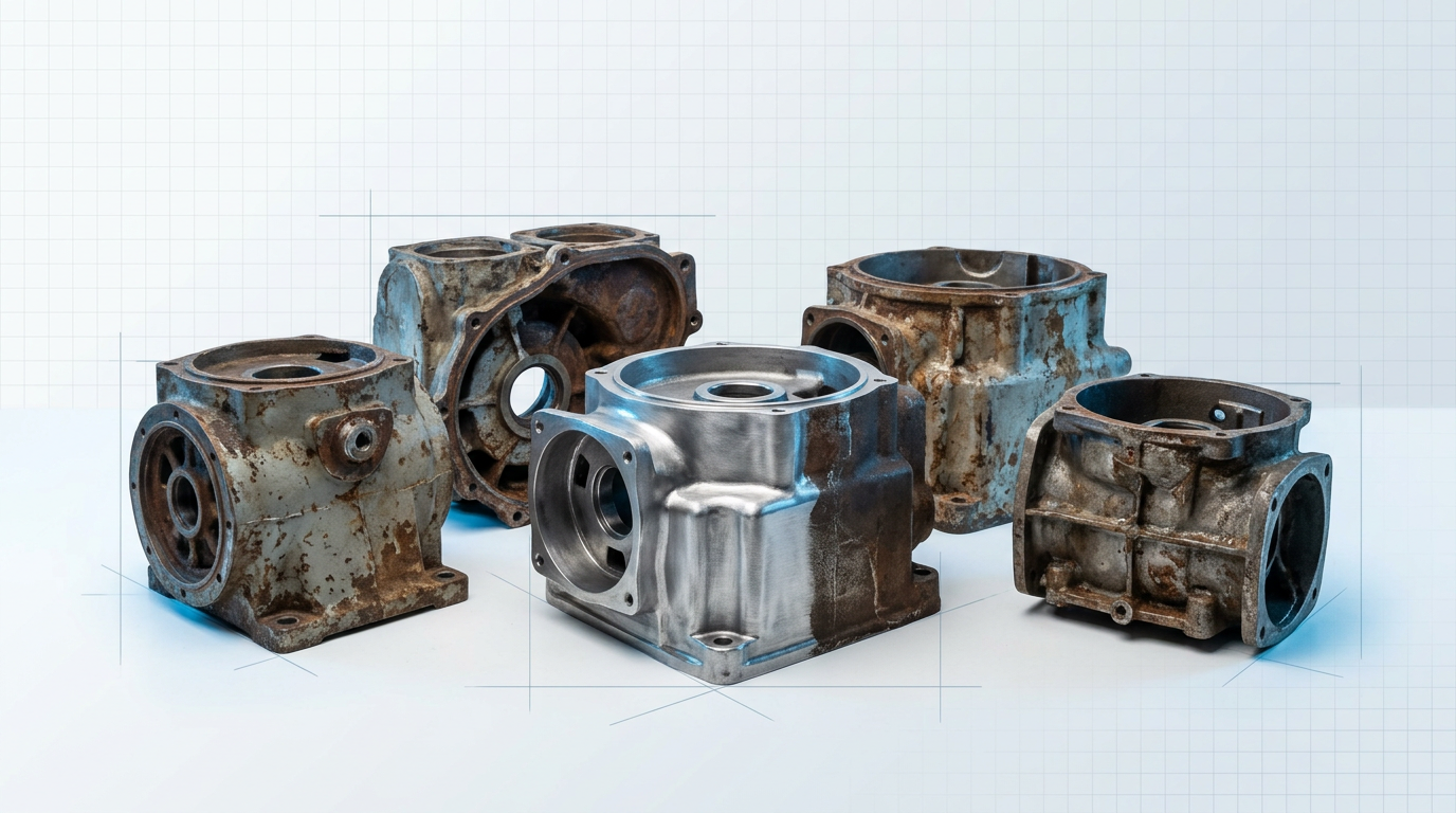 Batch of worn industrial metal components on a work surface, with one center component showing bare cleaned metal contrasting against corroded, paint-coated parts surrounding it.