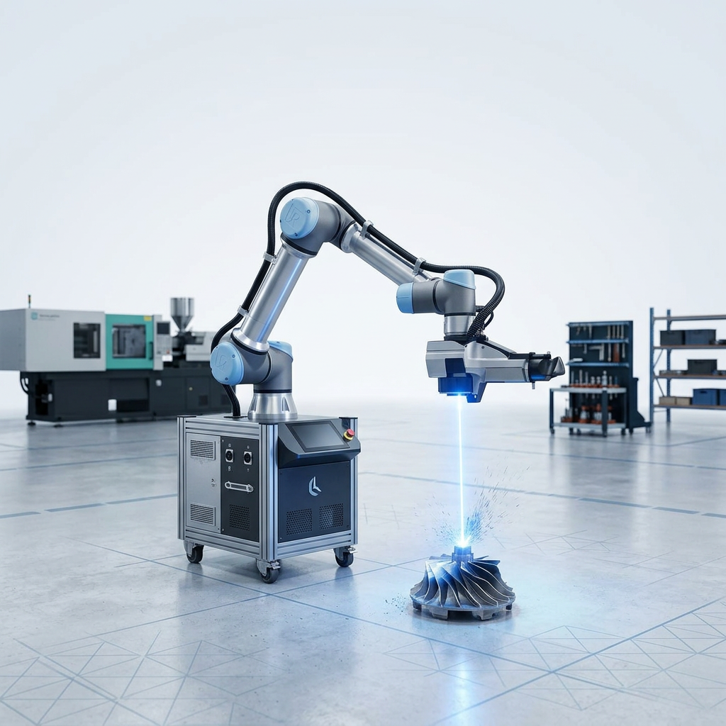 AutoLASE robotic laser cleaning arm operating in open production floor with active blue laser beam, surrounded by visible machinery and unobstructed floor space, demonstrating enclosure-free automated cleaning capability.