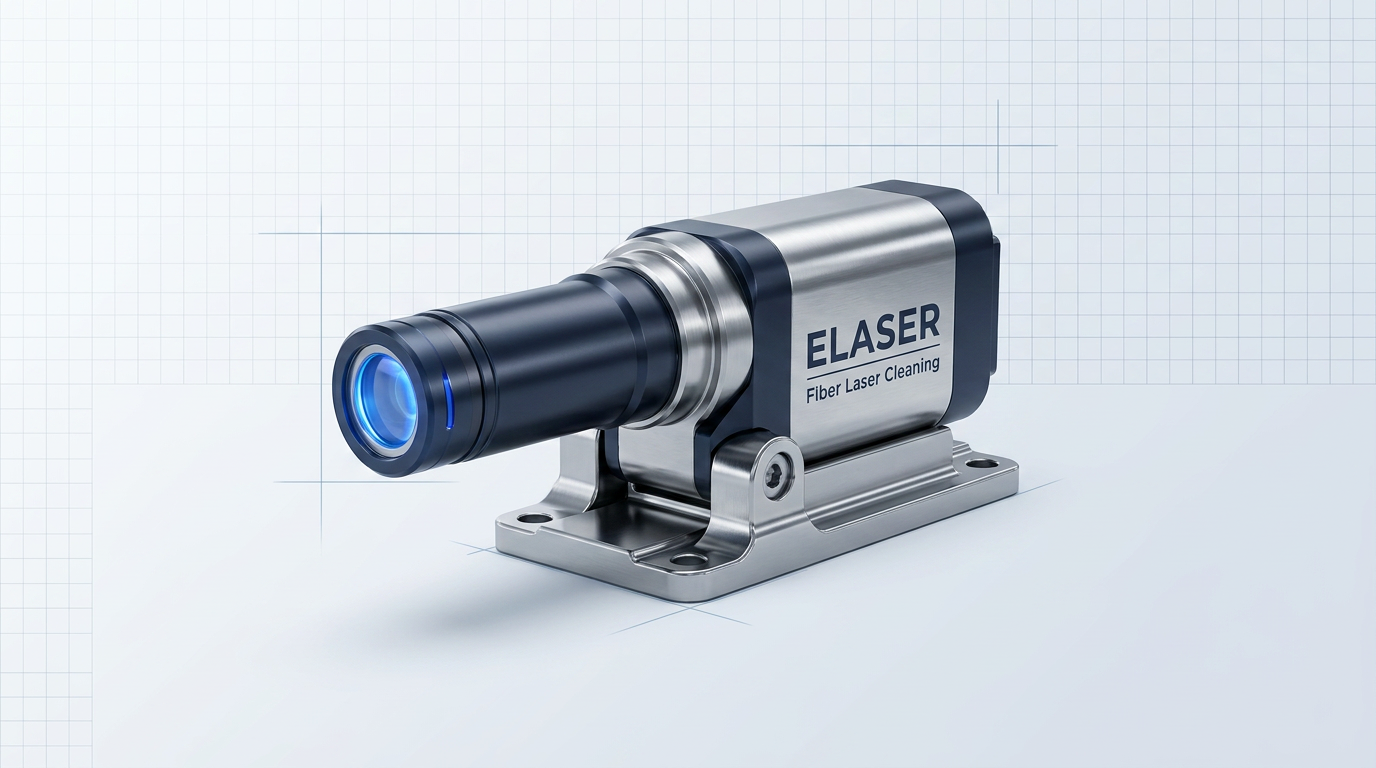 Compact fibre laser unit with brushed stainless steel housing and dark navy components, mounted on precision metal base, positioned at three-quarter angle against light technical background.