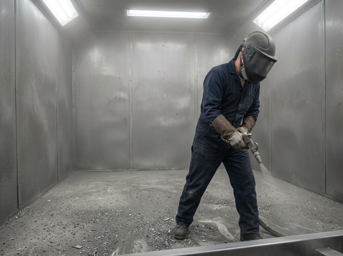 Sandblasting operator in full PPE inside sealed containment enclosure, wearing blasting helmet, gloves, and respirator, holding blasting gun with visible dust haze and debris accumulation on floor.