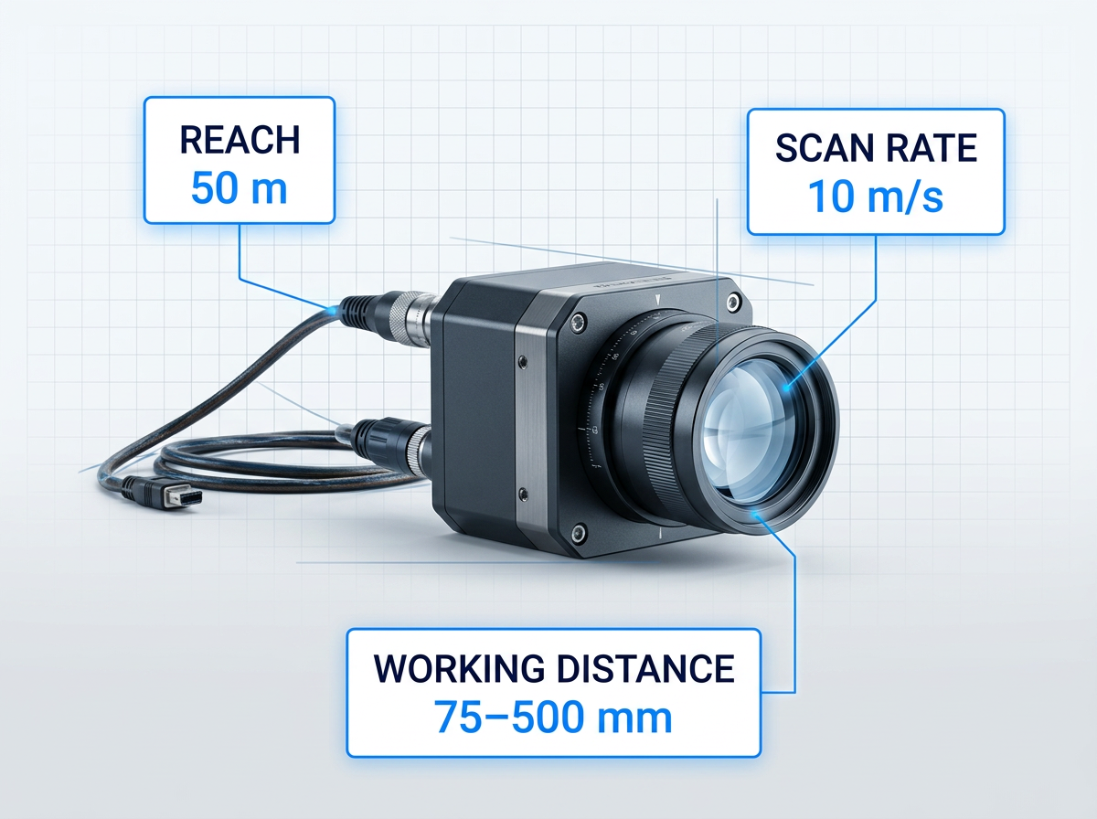 Handheld galvanometer scanner head with F-Theta lens and delivery cable, labeled with 50 m reach, 10 m/s scan rate, and 75–500 mm working distance specifications.