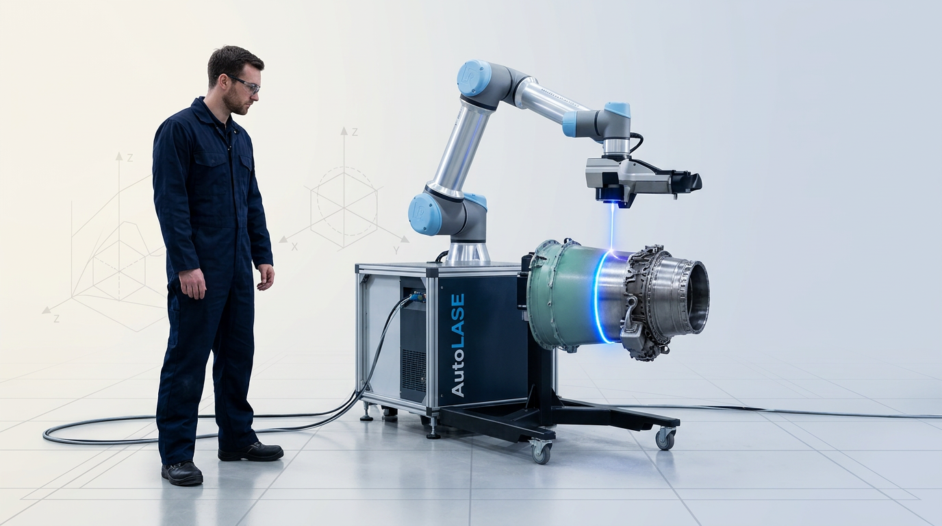 Active AutoLASE laser cleaning system on manufacturing floor with technician operating the robotic arm; electric blue laser beam striking an industrial component, showing stark contrast between cleaned bare material and painted surface.