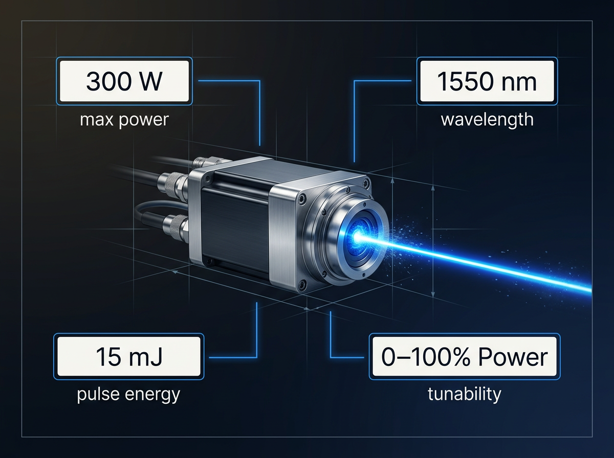 Close-up of fibre laser source module with intense electric blue beam emerging from output aperture, surrounded by specification labels showing 300 W power, 1550 nm wavelength, 15 mJ pulse energy, and 0–100% power tunability against dark technical background.
