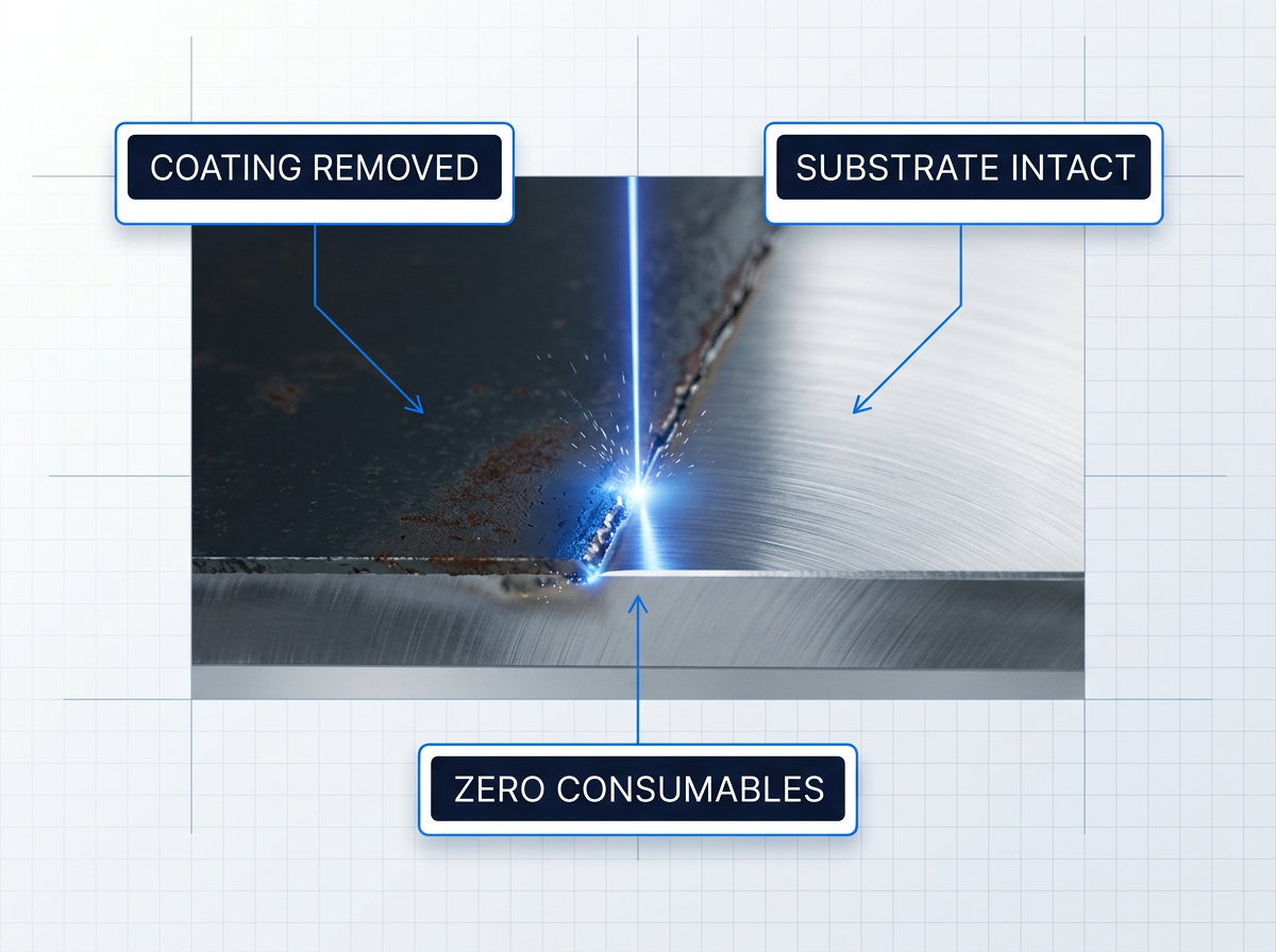 Close-up cross-section of laser ablating paint coating from steel substrate, showing removed degraded coating on left, exposed bare metal on right, with electric blue laser contact point and labeled zones for coating removal, substrate integrity, and zero consumables.