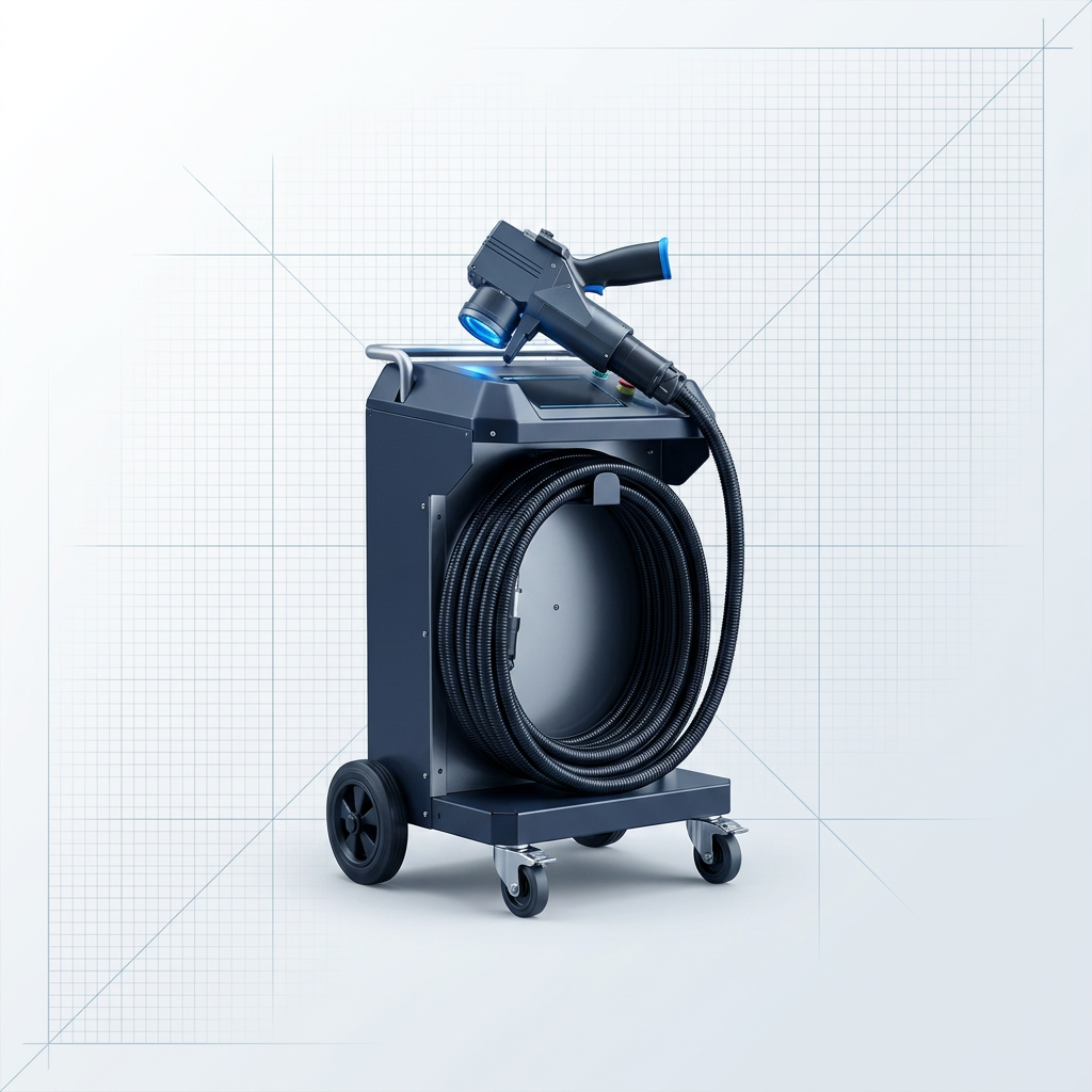ELASER portable laser paint removal system: compact wheeled unit with neatly coiled delivery cable and lightweight handheld scanner positioned on top, ready for single-operator deployment.